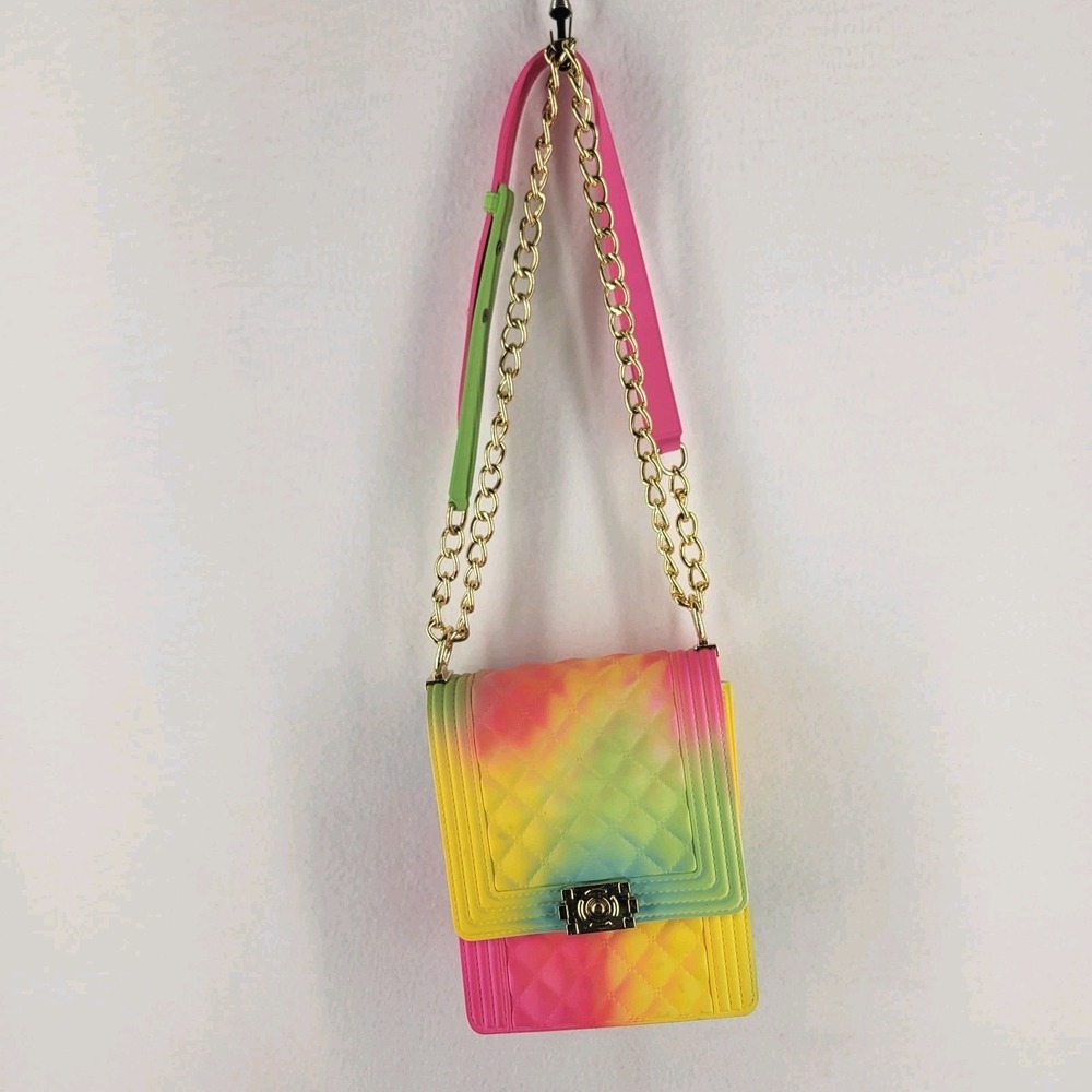 Epicstep Quilted‎ Rainbow Jelly Crossbody Bag Gold Chain Strap Ombre Tie Dye Y2K